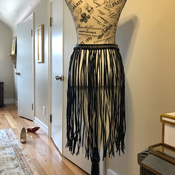 Fringe black leather belt skirt main image 5